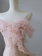 Modest Mermaid Strapless Pink Tulle Flowers Evening Dress Long Prom Dresses