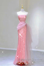 Modest Mermaid Strapless Pink Tulle Ruffles Long Party Dress Prom Dresses