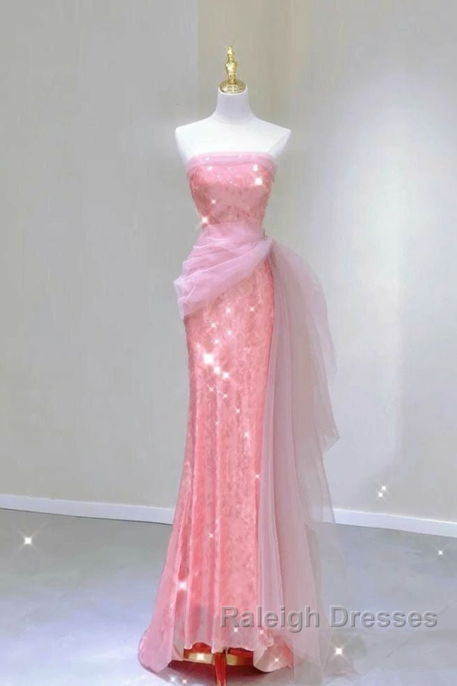 Modest Mermaid Strapless Pink Tulle Ruffles Long Prom Dresses