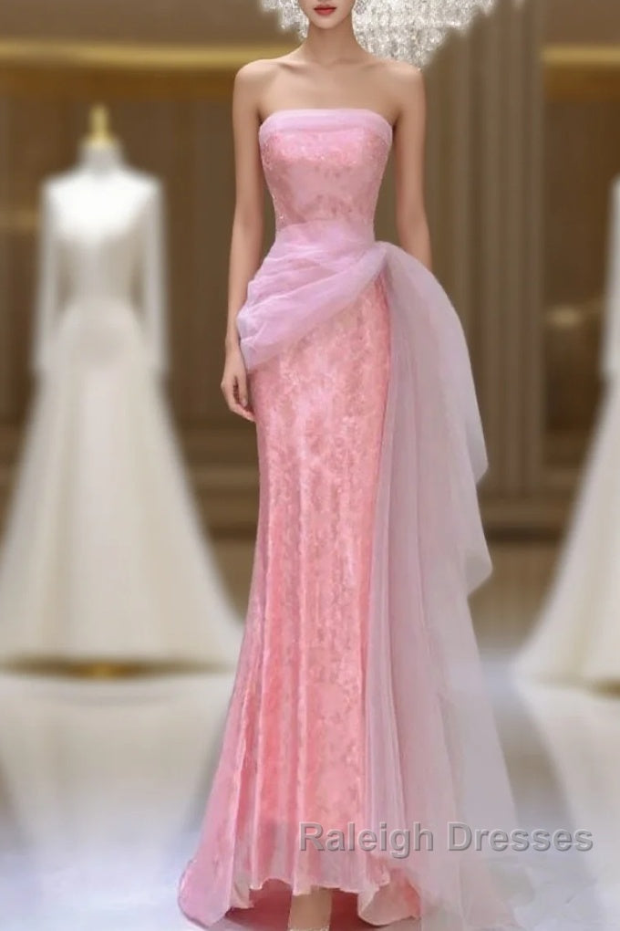 Modest Mermaid Strapless Pink Tulle Ruffles Long Prom Dresses Main image