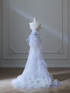 Modest Mermaid Strapless Tulle Flowers Prom Dresses Long Prom Dress