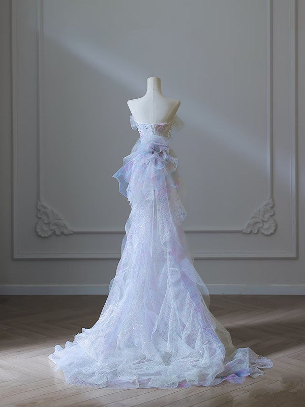 Modest Mermaid Strapless Tulle Flowers Prom Dresses Long Prom Dress