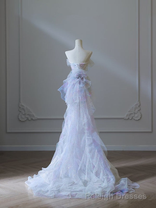 Modest Mermaid Strapless Tulle Flowers Evening Dress Long Prom Dresses