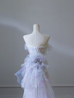Modest Mermaid Strapless Tulle Flowers Prom Dresses Long Prom Dress
