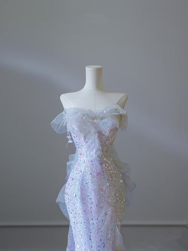 Modest Mermaid Strapless Tulle Flowers Prom Dresses Long Prom Dress