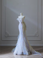 Modest Mermaid Strapless Tulle Flowers Prom Dresses Long Prom Dress
