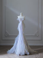 Modest Mermaid Strapless Tulle Flowers Prom Dresses Long Prom Dress
