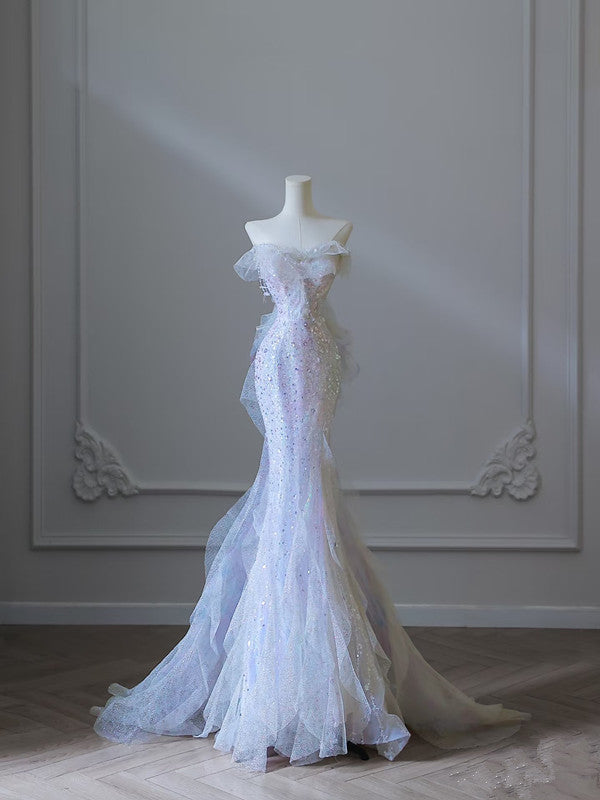 Modest Mermaid Strapless Tulle Flowers Prom Dresses Long Prom Dress