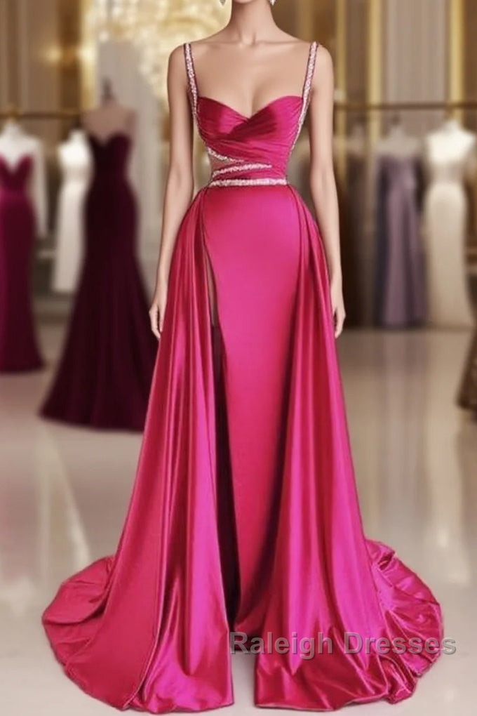 Modest Mermaid Straps Long Hot Pink Slit Satin Prom Dresses