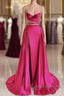 Modest Mermaid Straps Long Hot Pink Slit Satin Prom Dresses