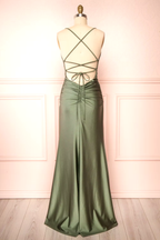 Modest Mermaid Straps Sage Green Slit Long Formal Prom Dress