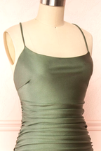Modest Mermaid Straps Sage Green Slit Long Formal Prom Dress