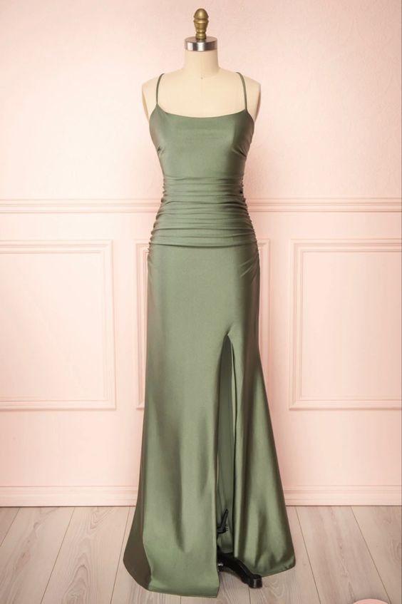 Modest Mermaid Straps Sage Green Slit Long Formal Prom Dress