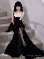 Modest Mermaid Straps Sleeveless Long Black Sequin Prom Dress