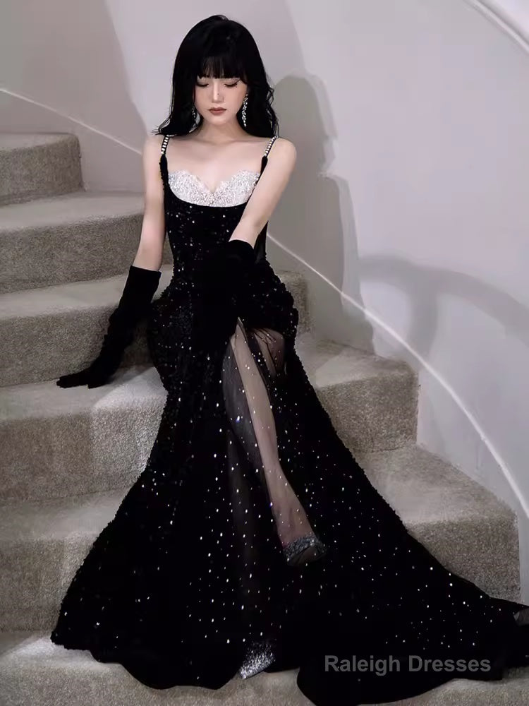 Modest Mermaid Straps Sleeveless Long Black Sequin Prom Dress