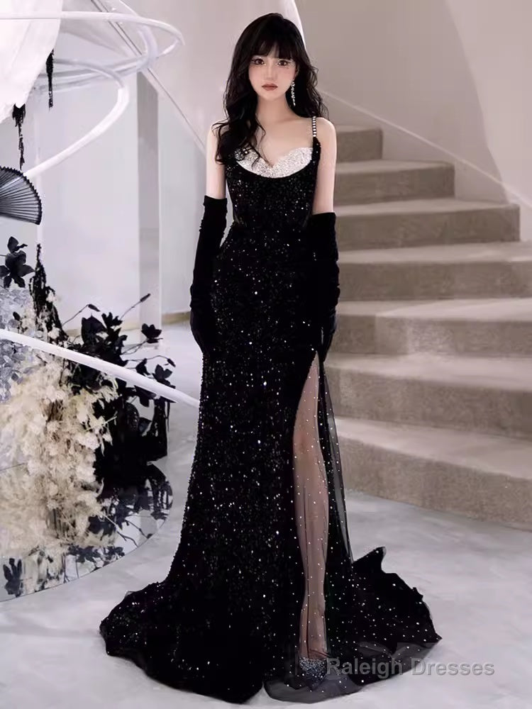 Modest Mermaid Straps Sleeveless Long Black Sequin Prom Dress Main image