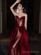 Modest Mermaid Sweetheart Burgundy Floor Length Prom Dress Sequin Prom Dresses