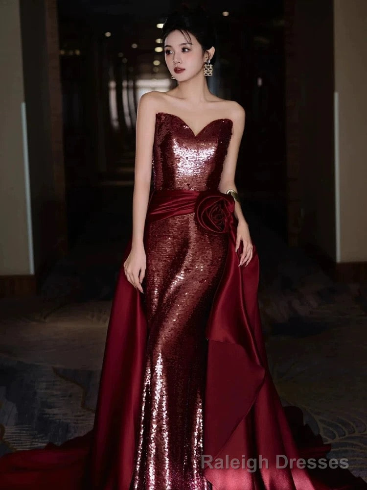 Modest Mermaid Sweetheart Burgundy Floor Length Evening Dress Sequin Prom Dresses Main image