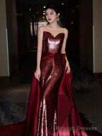 Modest Mermaid Sweetheart Burgundy Floor Length Evening Dress Sequin Prom Dresses