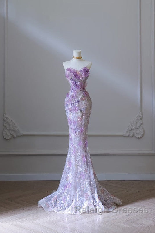 Modest Mermaid Sweetheart Lilac Tulle Sequin Flowers Evening Dress Long Prom Dresses Secondary image