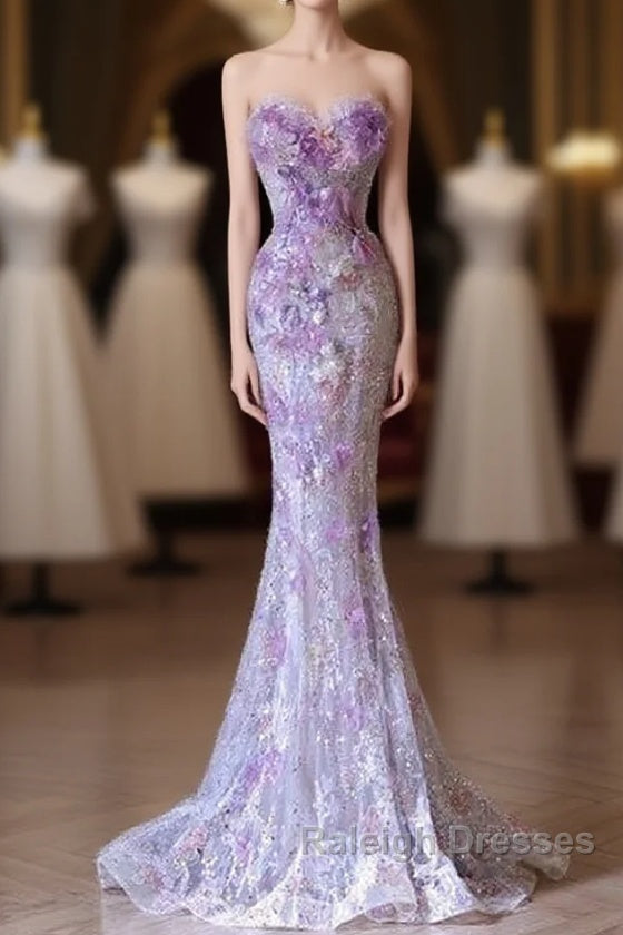 Modest Mermaid Sweetheart Lilac Tulle Sequin Flowers Prom Dresses Long Prom Dress Main image