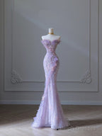 Modest Mermaid Sweetheart Lilac Tulle Sequin Flowers Prom Dress
