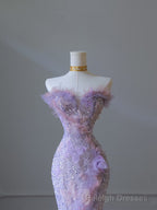 Modest Mermaid Sweetheart Lilac Tulle Sequin Flowers Prom Dress