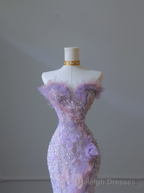 Modest Mermaid Sweetheart Lilac Tulle Sequin Flowers Prom Dress