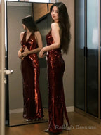 Modest Mermaid V Neckline Burgundy Floor Length Evening Dress Sequin Prom Dresses