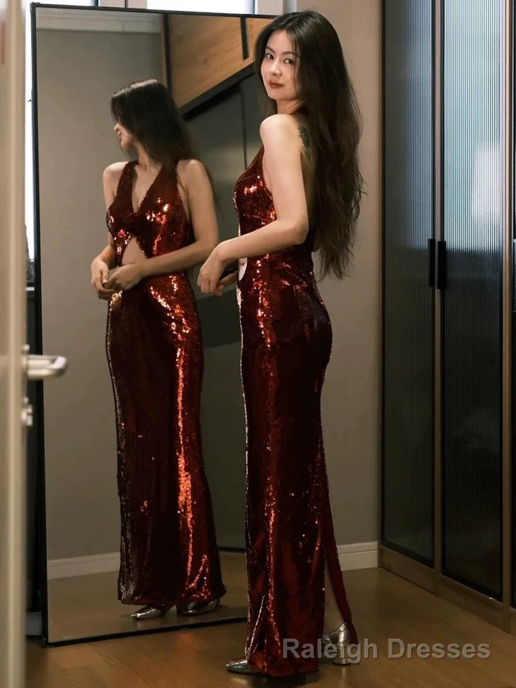 Modest Mermaid V Neckline Burgundy Floor Length Evening Dress Sequin Prom Dresses