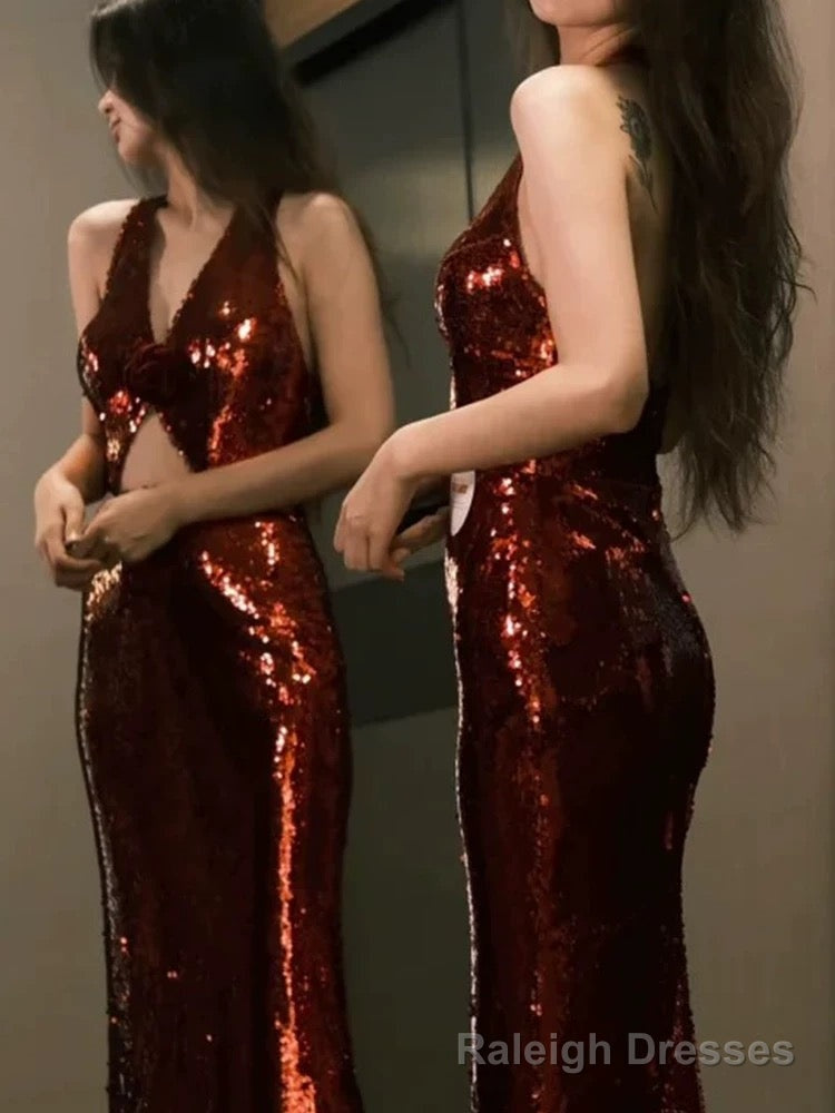 Modest Mermaid V Neckline Burgundy Floor Length Evening Dress Sequin Prom Dresses