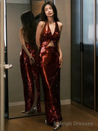 Modest Mermaid V Neckline Burgundy Floor Length Prom Dress Sequin Prom Dresses