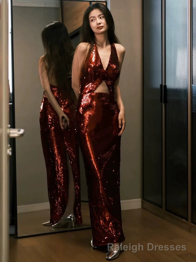 Modest Mermaid V Neckline Burgundy Floor Length Evening Dress Sequin Prom Dresses