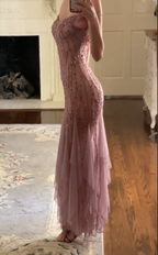 Modest Mermaid V Neckline Pink Chiffon Ruffles Long Prom Dresses Prom Dress