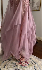 Modest Mermaid V Neckline Pink Chiffon Ruffles Long Prom Dresses Prom Dress