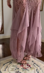 Modest Mermaid V Neckline Pink Chiffon Ruffles Long Prom Dresses Prom Dress