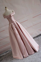Modest Pink Satin Off The Shoulder Long Bridesmaid Dress Prom Dresses