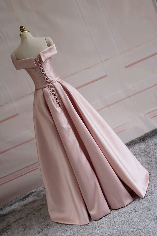 Modest Pink Satin Off The Shoulder Long Bridesmaid Dress Prom Dresses