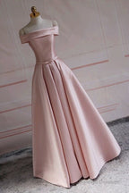 Modest Pink Satin Off The Shoulder Long Bridesmaid Dresses Prom Dress