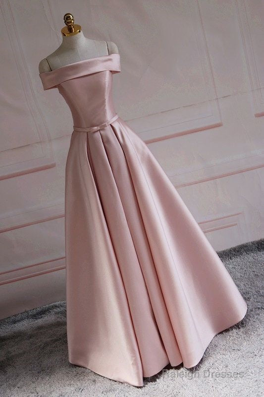 Modest Pink Satin Off The Shoulder Long Bridesmaid Dresses Prom Dress