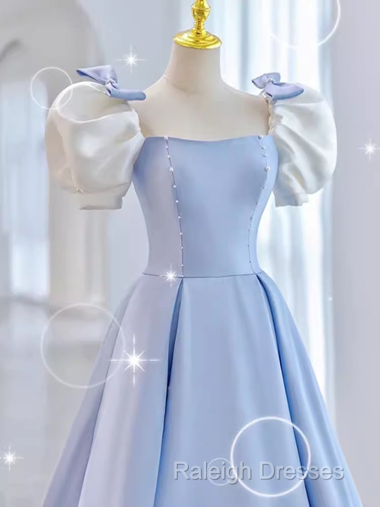 Modest Princess Short Sleeves Long Blue Satin Prom Dress Secondary image