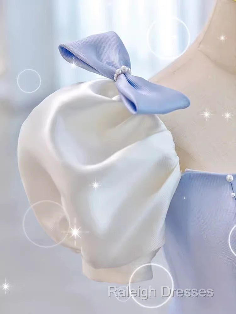 Modest Princess Short Sleeves Long Blue Satin Prom Dress