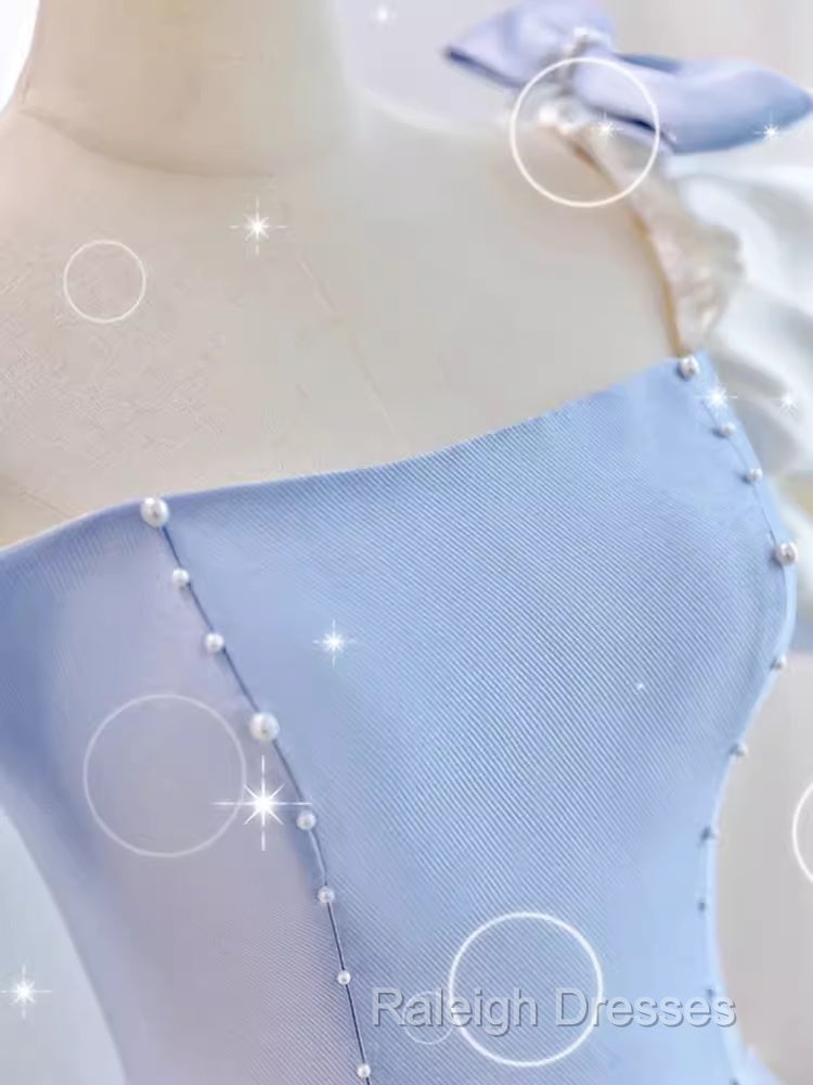 Modest Princess Short Sleeves Long Blue Satin Prom Dress