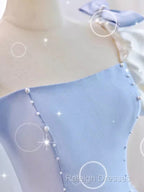 Modest Princess Short Sleeves Long Blue Satin Prom Dresses