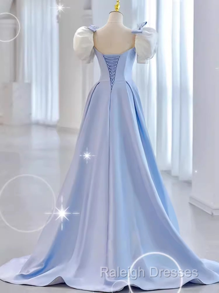 Modest Princess Short Sleeves Long Blue Satin Prom Dresses
