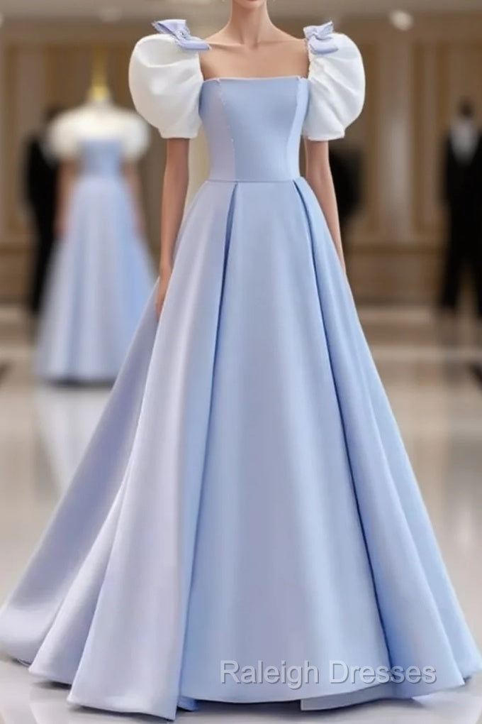 Modest Princess Short Sleeves Long Blue Satin Prom Dresses Main image