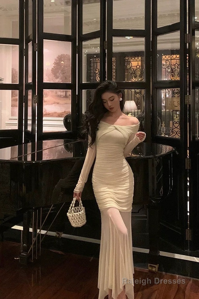 Modest Sheath Off The Shoulder Long Sleeves Beige Prom Dresses Evening Dress Secondary image