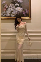 Modest Sheath Off The Shoulder Long Sleeves Beige Prom Dresses Evening Dress