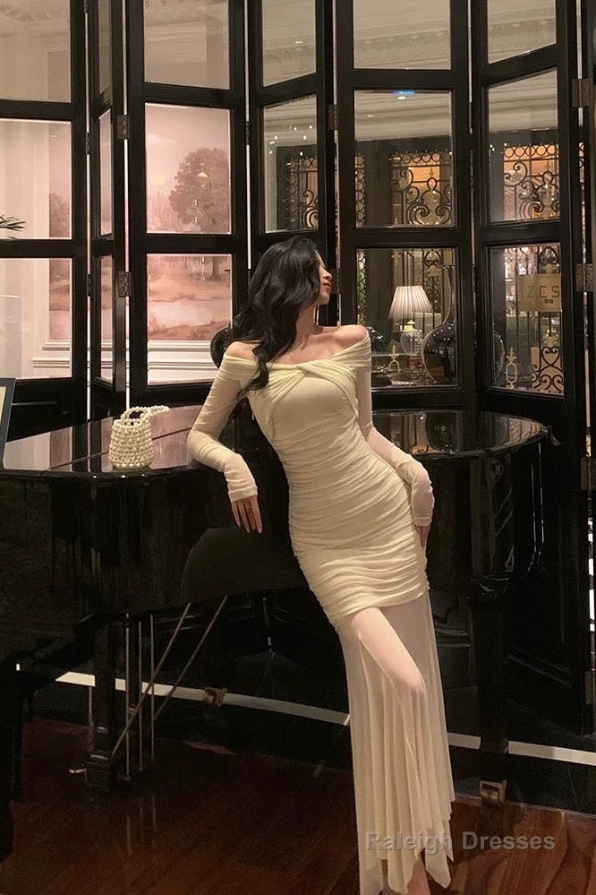 Modest Sheath Off The Shoulder Long Sleeves Beige Prom Dresses Evening Dress