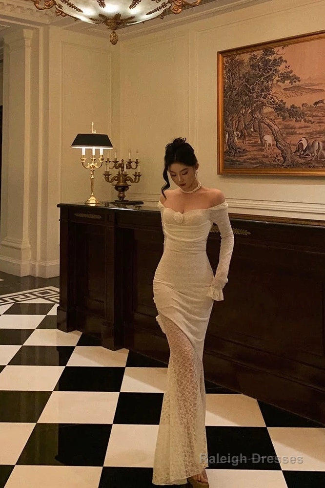 Modest Sheath Off The Shoulder Long Sleeves Lace Prom Dresses Evening Dress